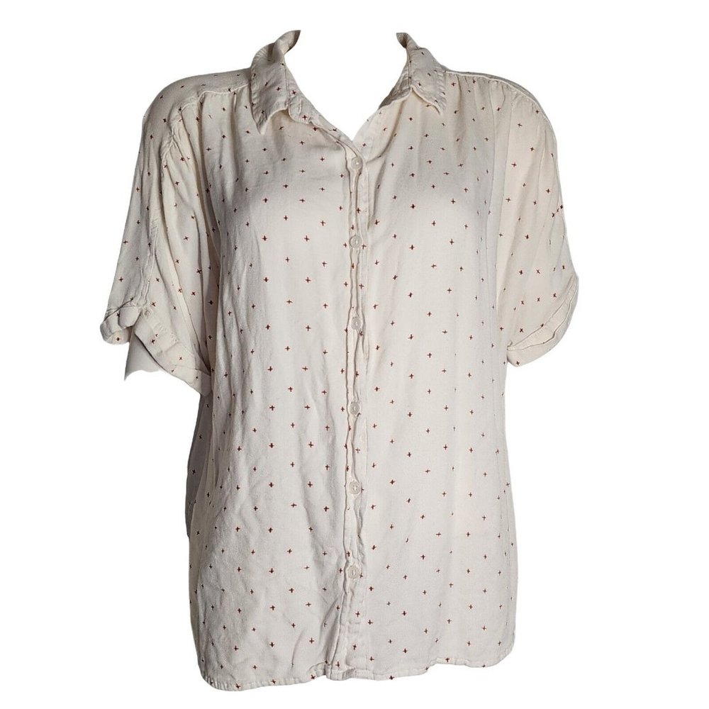 UNIVERSAL‎ THREAD Solid All White Collared Red Crosses Shirt Womens Size XL